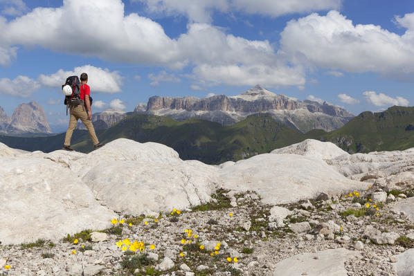 A hiker admires the Sella group from the path under Pian dei Fiaconi refuge, Marmolada group, Dolomites, Canazei, Trento province, Trentino-Alto Adige, Italy