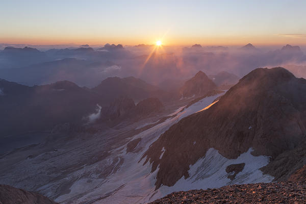 The sunrise from Punta Penia, Marmolada group, Dolomites, Canazei, Trento province, Trentino-Alto Adige, Italy