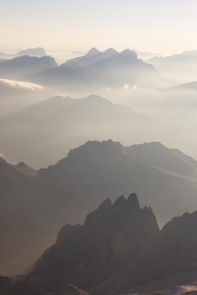 The view from Punta Penia, Marmolada group, Dolomites, Canazei, Trento province, Trentino-Alto Adige, Italy
