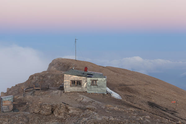 Punta Penia hut at dawn, Marmolada group, Dolomites, Canazei, Trento province, Trentino-Alto Adige, Italy