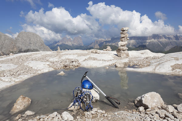 Glacial lake at the foot of Marmolada Glacier, Marmolada group, Dolomites, Canazei, Trento province, Trentino-Alto Adige, Italy