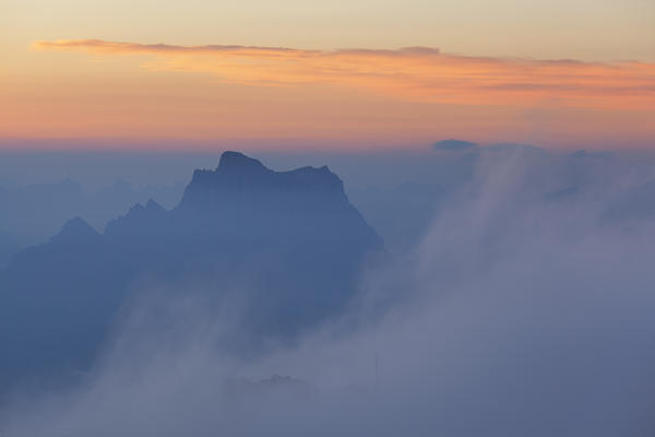 Mount Pelmo at sunrise from Punta Penia, Marmolada group, Dolomites, Canazei, Trento province, Trentino-Alto Adige, Italy