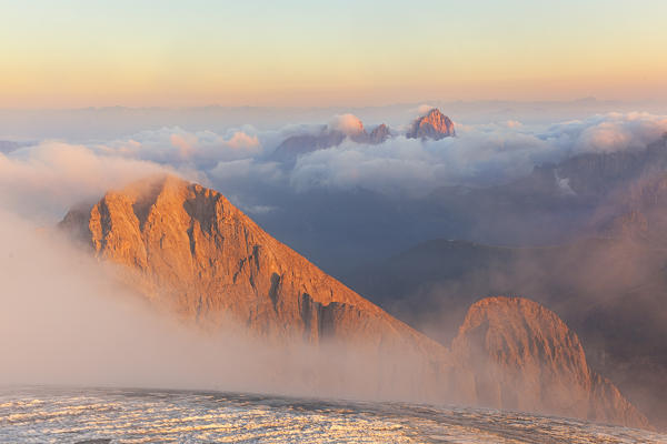 The view from Punta Penia at sunrise, Marmolada group, Dolomites, Canazei, Trento province, Trentino-Alto Adige, Italy