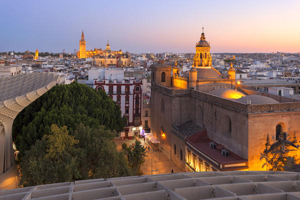 The view from the upper level of Metropol Parasol at sunset, Seville, province of Seville, Andalusia, Spain