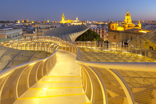 The footbridge at the upper level of Metropol Parasol, Seville, province of Seville, Andalusia, Spain