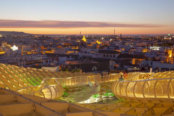 The view from the upper level of Metropol Parasol at sunset, Seville, province of Seville, Andalusia, Spain