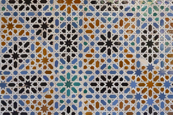 An arabic ceramic mosaic decoration, Royal Alcazars of Seville, Seville, province of Seville, Andalusia, Spain