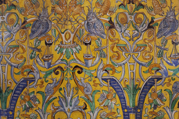 Decorated tiles, Royal Alcazars of Seville, Seville, province of Seville, Andalusia, Spain