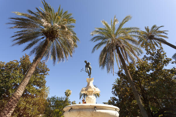 A fountain in the gardens of Royal Alcazars of Seville, Seville, province of Seville, Andalusia, Spain