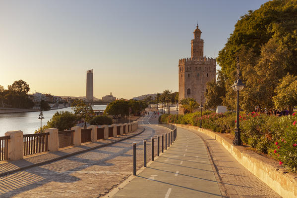 Torre del Oro (Tower of Gold) at sunset, Seville, province of Seville, Andalusia, Spain