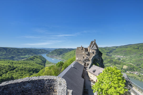 Schoenbühel-Aggsbach, Wachau, district of Melk, Lower Austria, Austria, Europe. The castle ruins of Aggstein and the Danube river