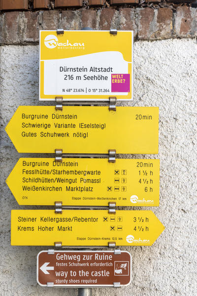 Duernstein, Wachau, Waldviertel,  district of Krems, Lower Austria, Austria, Europe. Signpost in Duernstein