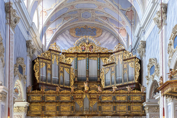 Furth bei Goettweig, district of Krems, Lower Austria, Austria, Europe. Interior of the collegiate church with the organ in the Goettweig abbey