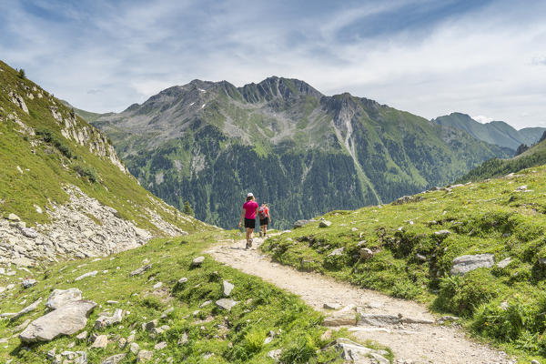 Selva dei Molini, province of Bolzano, South Tyrol, Italy, Europe. Hikers on the trail between lake Neves and Edelraut refuge (MR)
