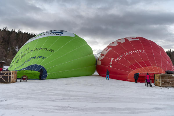 Seefeld, Tyrol, Austria, Europe. Crossing the alps in a hot air balloon. Preparations for the start