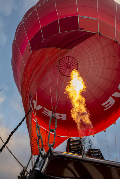 Seefeld, Tyrol, Austria, Europe. Crossing the alps in a hot air balloon. Preparations for the start