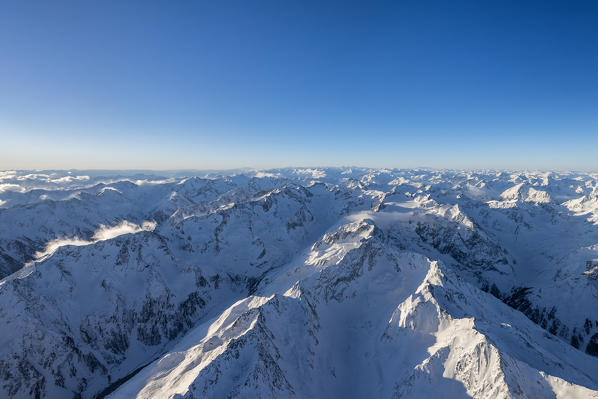 Stubai Alps, Tyrol, Austria, Europe. Crossing the alps in a hot air balloon. View from the Balloon to the Oberberg valley in the Stubai Alps