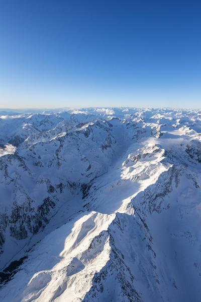 Stubai Alps, Tyrol, Austria, Europe. Crossing the alps in a hot air balloon. View from the Balloon to the Oberberg valley in the Stubai Alps