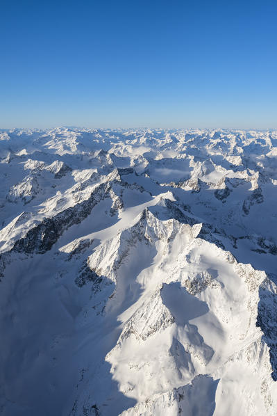 Stubai Alps, Tyrol, Austria, Europe. Crossing the alps in a hot air balloon. View from the Balloon to the Ruderhofspitze