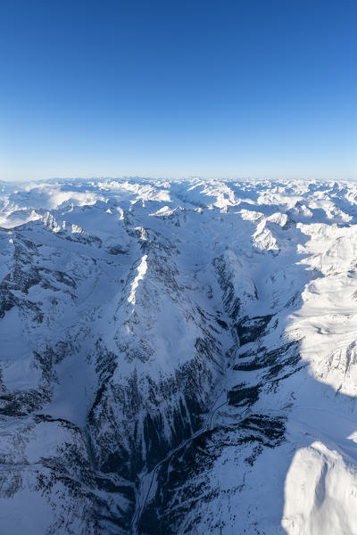 Stubai Alps, Tyrol, Austria, Europe. Crossing the alps in a hot air balloon. View from the Balloon to the Mutterberg valley in the Stubai Alps