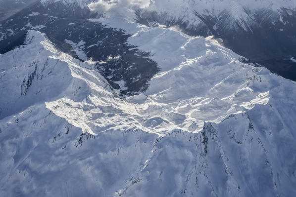 Ridanna, Bolzano district, South Tyrol, Italy, Europe. Crossing the alps in a hot air balloon. View from the Balloon to the mountains of the Ratschings valley