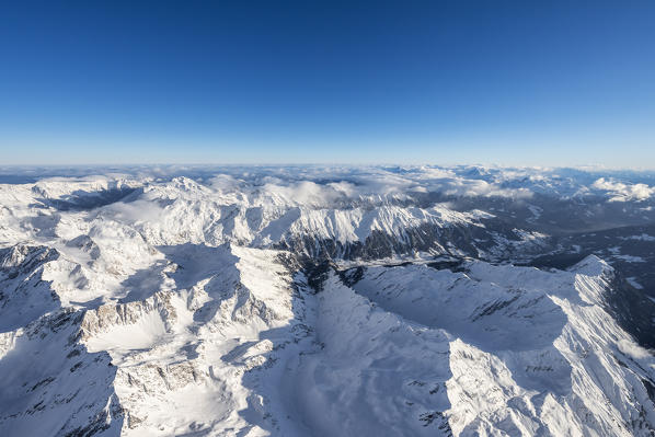 Ridanna, Bolzano district, South Tyrol, Italy, Europe. Crossing the alps in a hot air balloon. View from the Balloon to the mountains of the Ridanna valley