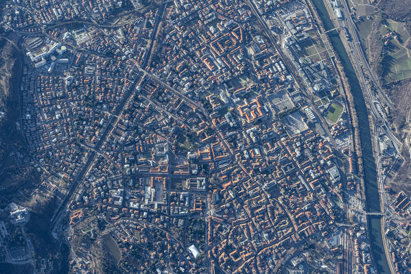 Trento, Trentino - South Tyrol, Italy, Europe. Crossing the alps in a hot air balloon. View from the Balloon to the city of Trento