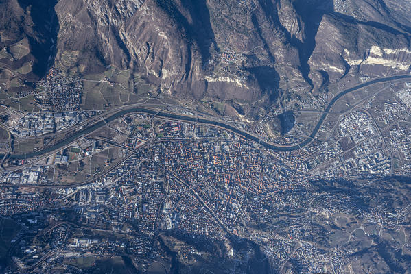 Trento, Trentino - South Tyrol, Italy, Europe. Crossing the alps in a hot air balloon. View from the Balloon to the city of Trento