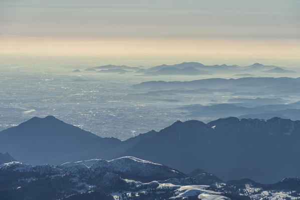 Vicenza, Veneto, Italy, Europe. Crossing the alps in a hot air balloon. View from the Balloon to the Berici Hills