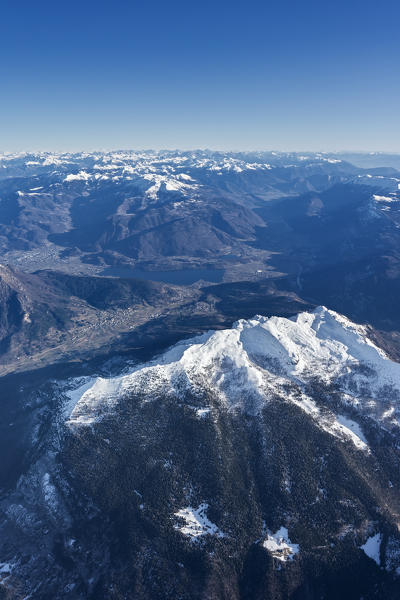 Trento, Trentino - South Tyrol, Italy, Europe. Crossing the alps in a hot air balloon. View from the Balloon to the Vigolana mountains, the Sugana valley and the Dolomites