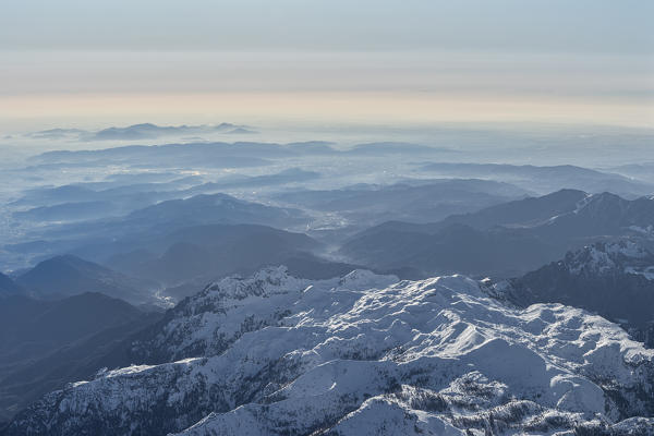 Vicenza, Veneto, Italy, Europe. Crossing the alps in a hot air balloon. View from the Balloon to the Mount Pasubio and the Berici Hills