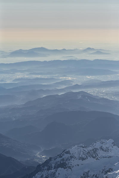 Vicenza, Veneto, Italy, Europe. Crossing the alps in a hot air balloon. View from the Balloon to the Berici Hills