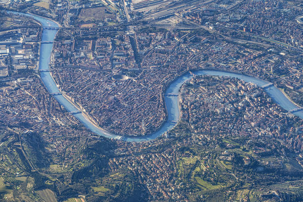 Verona, Veneto, Italy, Europe. Crossing the alps in a hot air balloon. View from the Balloon to the city of Verona