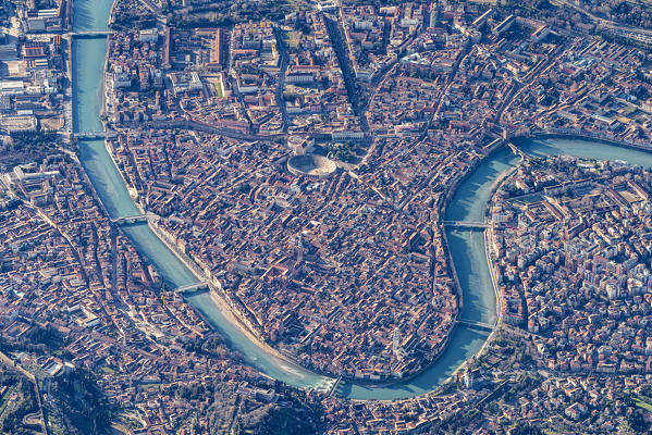 Verona, Veneto, Italy, Europe. Crossing the alps in a hot air balloon. View from the Balloon to the city of Verona