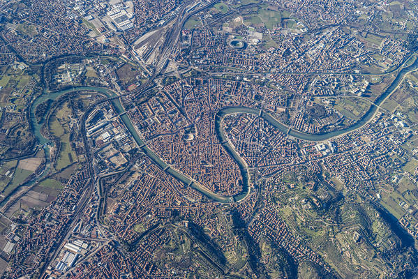 Verona, Veneto, Italy, Europe. Crossing the alps in a hot air balloon. View from the Balloon to the city of Verona