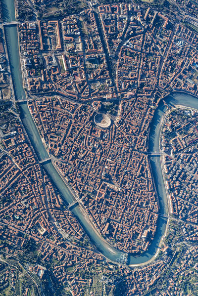 Verona, Veneto, Italy, Europe. Crossing the alps in a hot air balloon. View from the Balloon to the city of Verona