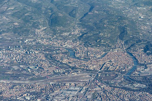 Verona, Veneto, Italy, Europe. Crossing the alps in a hot air balloon. View from the Balloon to the city of Verona