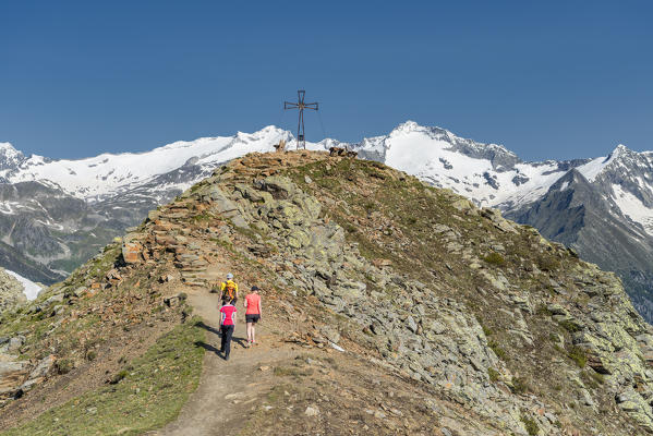 Sand in Taufers / Campo Tures, Bolzano province, South Tyrol, Italy. On the panoramic trail Speikboden with the peaks of Möseler and Turnerkamp in the background
