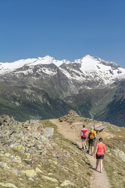 Sand in Taufers / Campo Tures, Bolzano province, South Tyrol, Italy. On the panoramic trail Speikboden with the peaks of Möseler and Turnerkamp in the background
