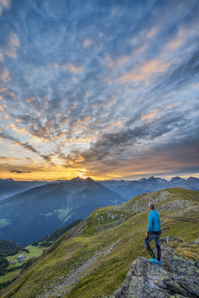 Sand in Taufers / Campo Tures, Bolzano province, South Tyrol, Italy. Sunrise at the summit of Speikboden