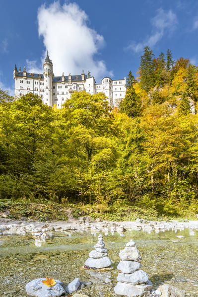 Schwangau, district Ostallgäu, Swabia, Bavaria, Germany, Europe. Neuschwanstein castle seen from the Pöllat Gorge