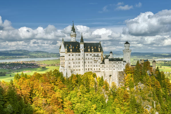 Schwangau, district Ostallgäu, Swabia, Bavaria, Germany, Europe. Neuschwanstein castle seen from the Mary's bridge