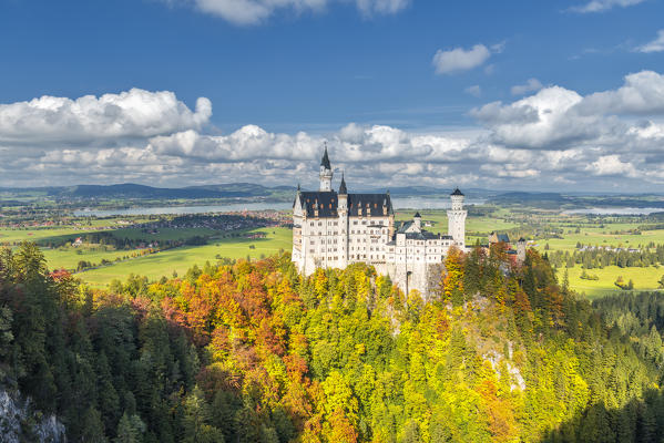Schwangau, district Ostallgäu, Swabia, Bavaria, Germany, Europe. Neuschwanstein castle seen from the Mary's bridge