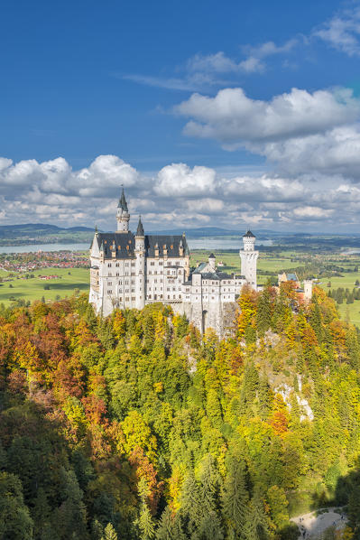 Schwangau, district Ostallgäu, Swabia, Bavaria, Germany, Europe. Neuschwanstein castle seen from the Mary's bridge