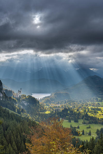 Schwangau, district Ostallgäu, Swabia, Bavaria, Germany, Europe. Neuschwanstein castle and the Alpsee lake