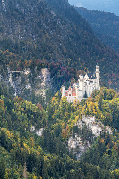 Schwangau, district Ostallgäu, Swabia, Bavaria, Germany, Europe. Neuschwanstein castle and the Mary's bridge