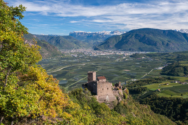 Appiano, South Tyrol, Italy. The Castle Hocheppan with the city of Bolzano/Bozen in the background