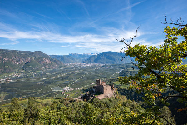 Appiano, South Tyrol, Italy. The Castle Hocheppan with the city of Bolzano/Bozen in the background