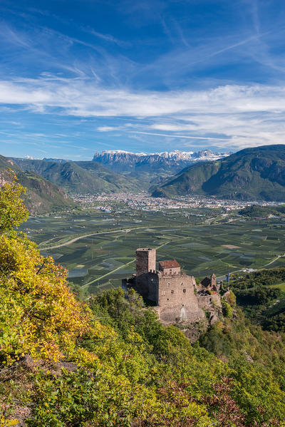 Appiano, South Tyrol, Italy. The Castle Hocheppan with the city of Bolzano/Bozen in the background