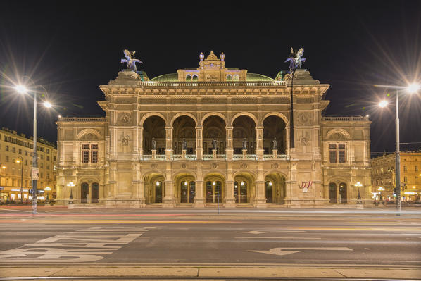 Vienna, Austria, Europe. The Vienna State Opera at night